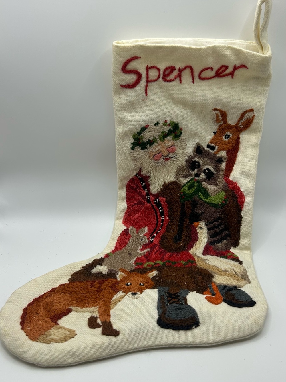 Finished Vintage 1989 Dimensions Crewel Christmas Stocking Woodland Santa Spence